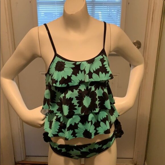 Green & Black 2 pcs Justice Tankini Swimsuit Size 6 - Picture 1 of 13